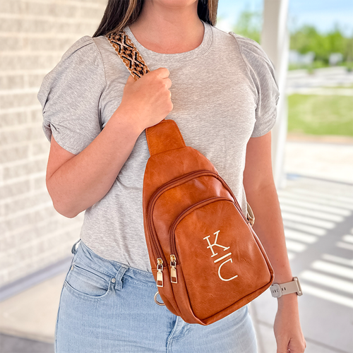 personalized sling bag, sling bag, sling backpack, monogrammed sling bag, guitar strap bag, brown sling purse