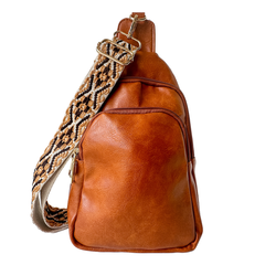 brown sling purse, zippered sling bag, dark brown and tan guitar strap